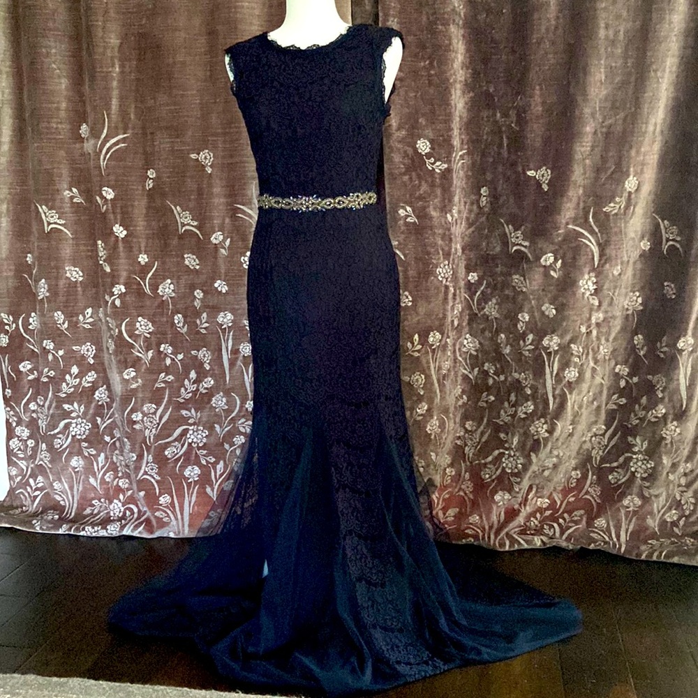 Betsy Adam Navy Lace Formal Gown